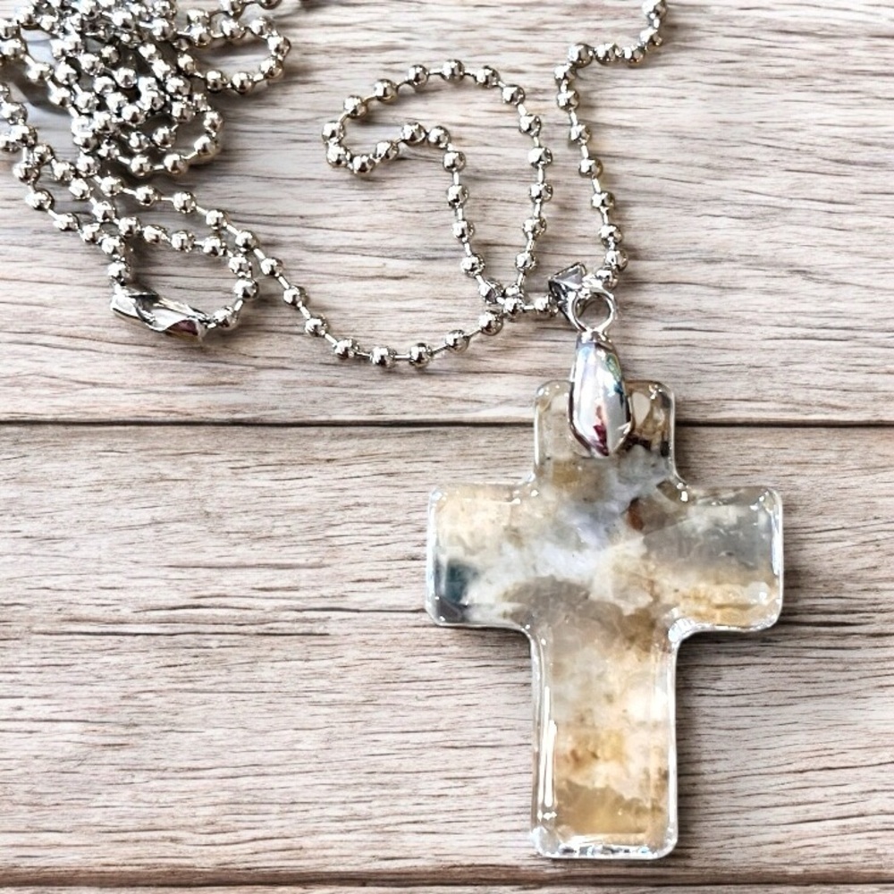 Crystal Clear Glass Cross Necklace with silver toned Beaded Chain 22” - Picture 10 of 17